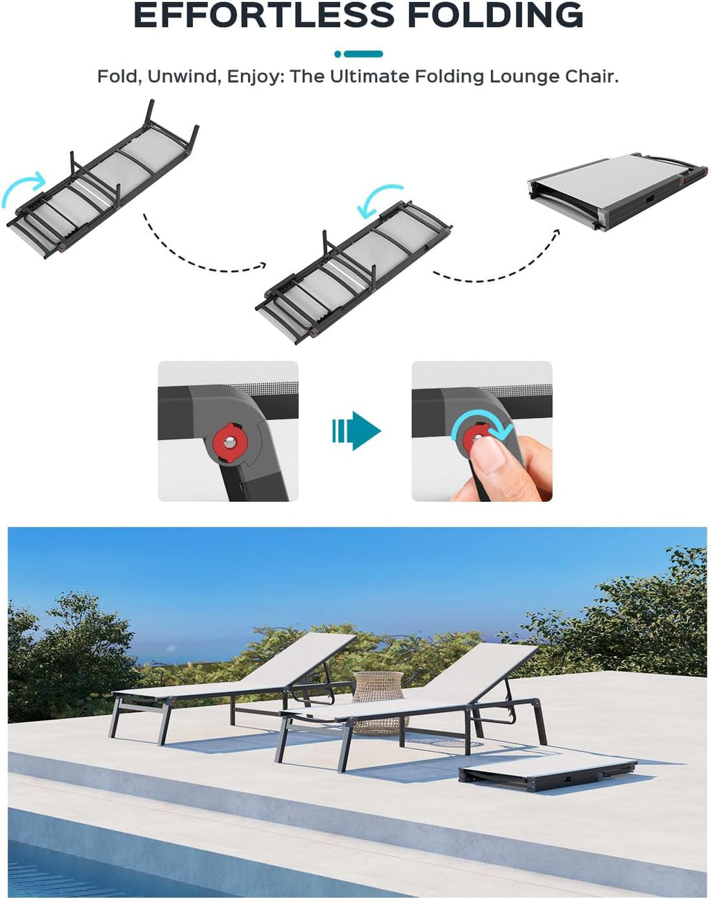 Aluminum Chaise Lounge Ourdoor - Foldable & Assemble Free Outdoor Lounge Chair with 5 Adjustable Backrest, Patio Lounge Chair for Outside Poolside Beach Pool, Black wourant