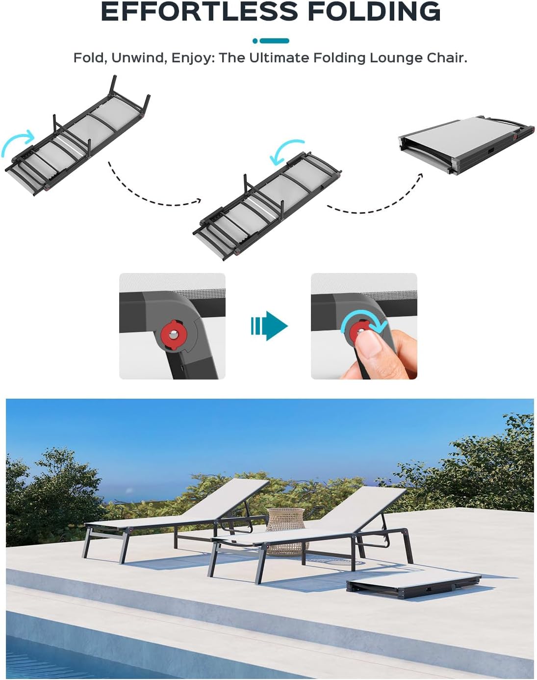 Aluminum Chaise Lounge Ourdoor - Foldable & Assemble Free Outdoor Lounge Chair with 5 Adjustable Backrest, Patio Lounge Chair for Outside Poolside Beach Pool, Black wourant