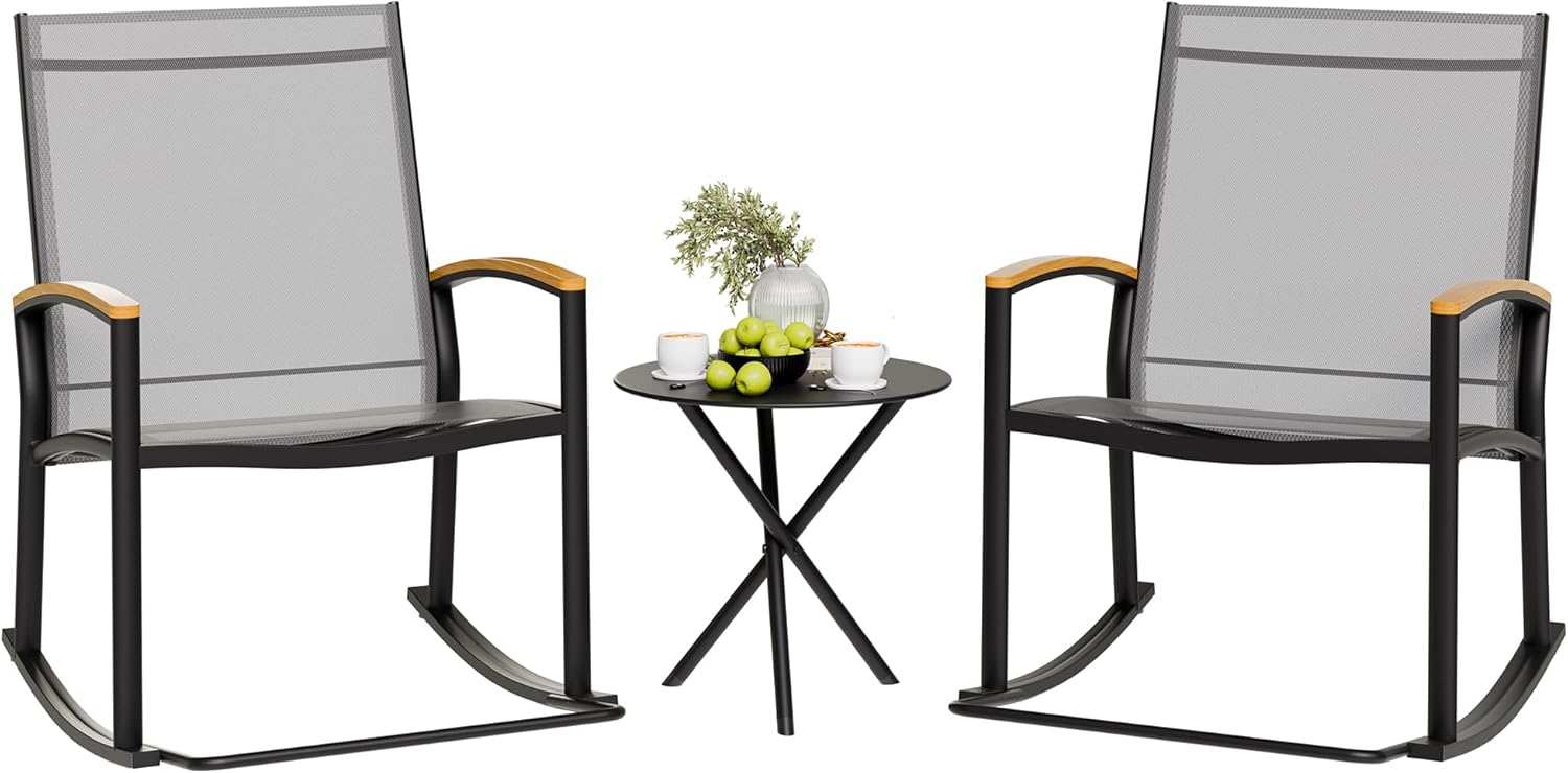 Shintenchi 3 Piece Outdoor Rocking Bistro Set, Textilene Fabric Small Patio Furniture Set, Front Porch Rocker Chairs Conversation Set with Table for Lawn, Garden, Balcony, Poolside (Black) woonhhop