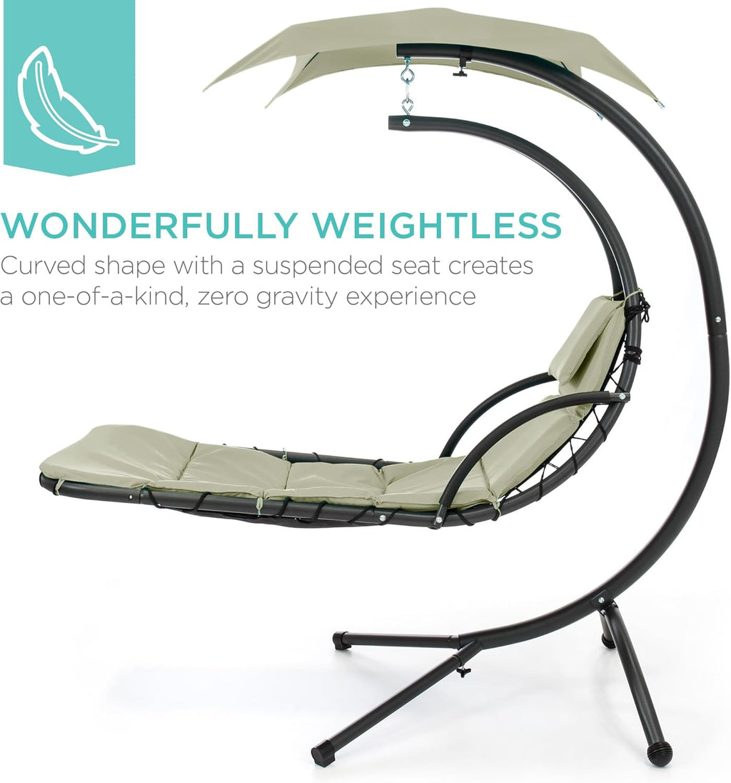 Best Choice Products Outdoor Hanging Curved Steel Chaise Lounge Chair Swing w/Built-in Pillow and Removable Canopy - Charcoal Gray wourant