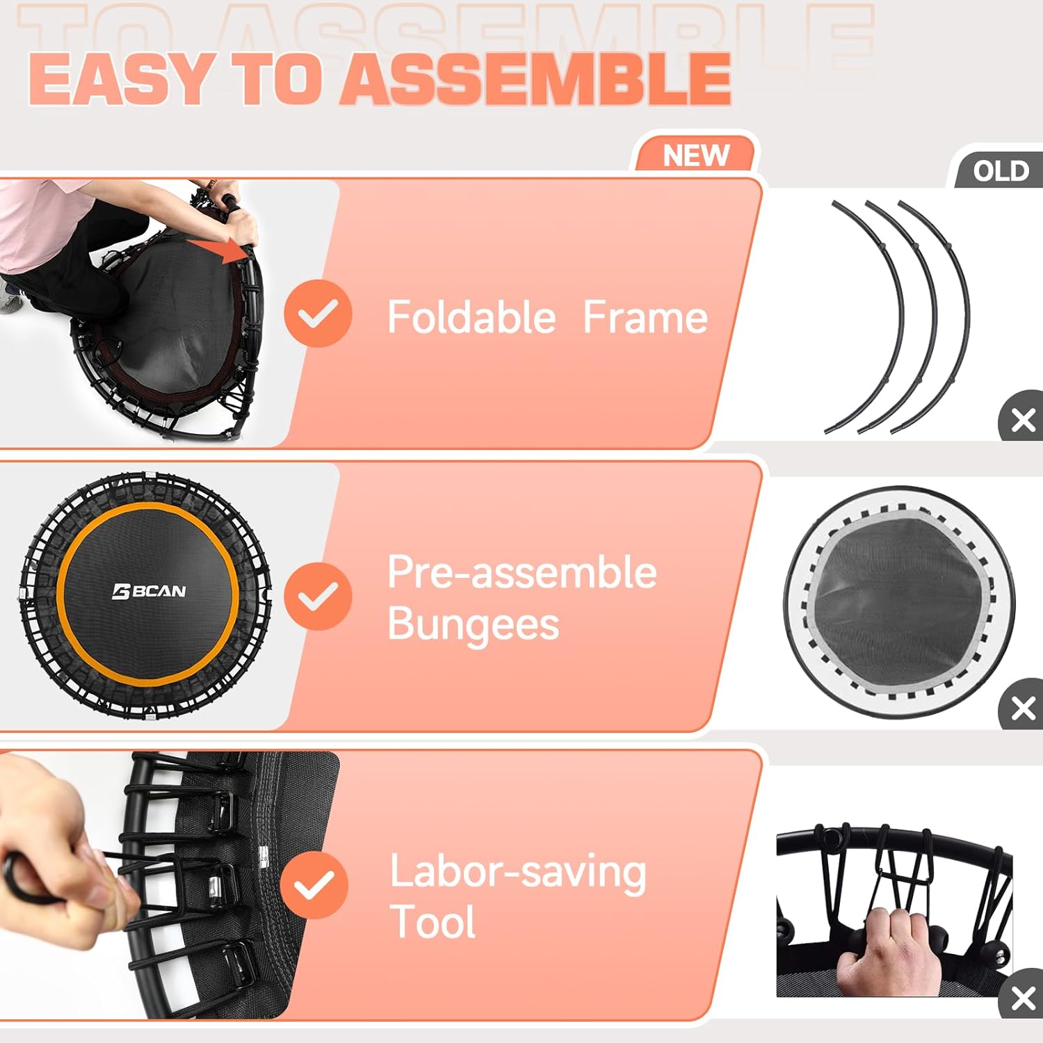 BCAN 450/550 LBS Foldable Mini Trampoline, 40"/48" Fitness Trampoline with Bungees, U Shape Adjustable Foam Handle, Stable & Quiet Exercise Rebounder for Adults Indoor/Outdoor Workout wourant