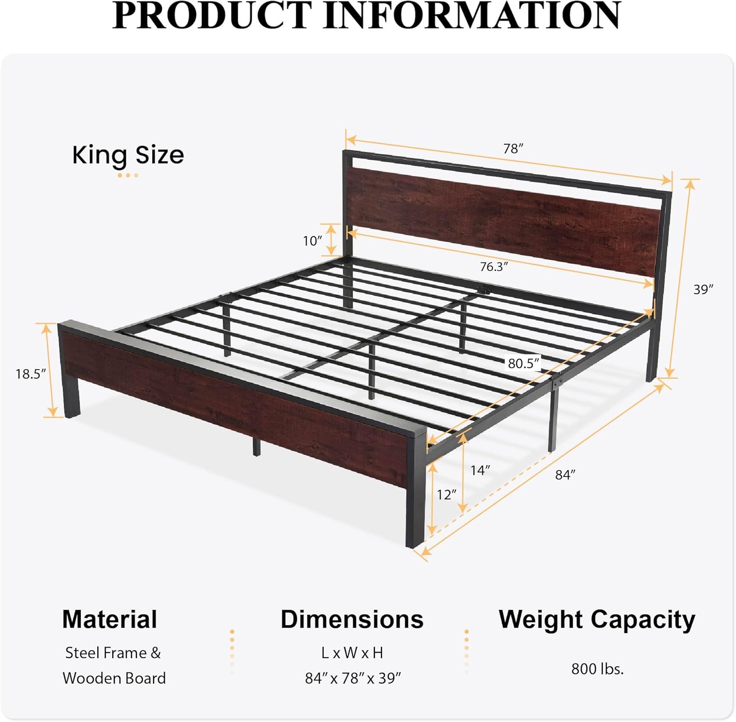 SHA CERLIN 14 Inch Full Size Metal Platform Bed Frame with Wooden Headboard and Footboard wourant