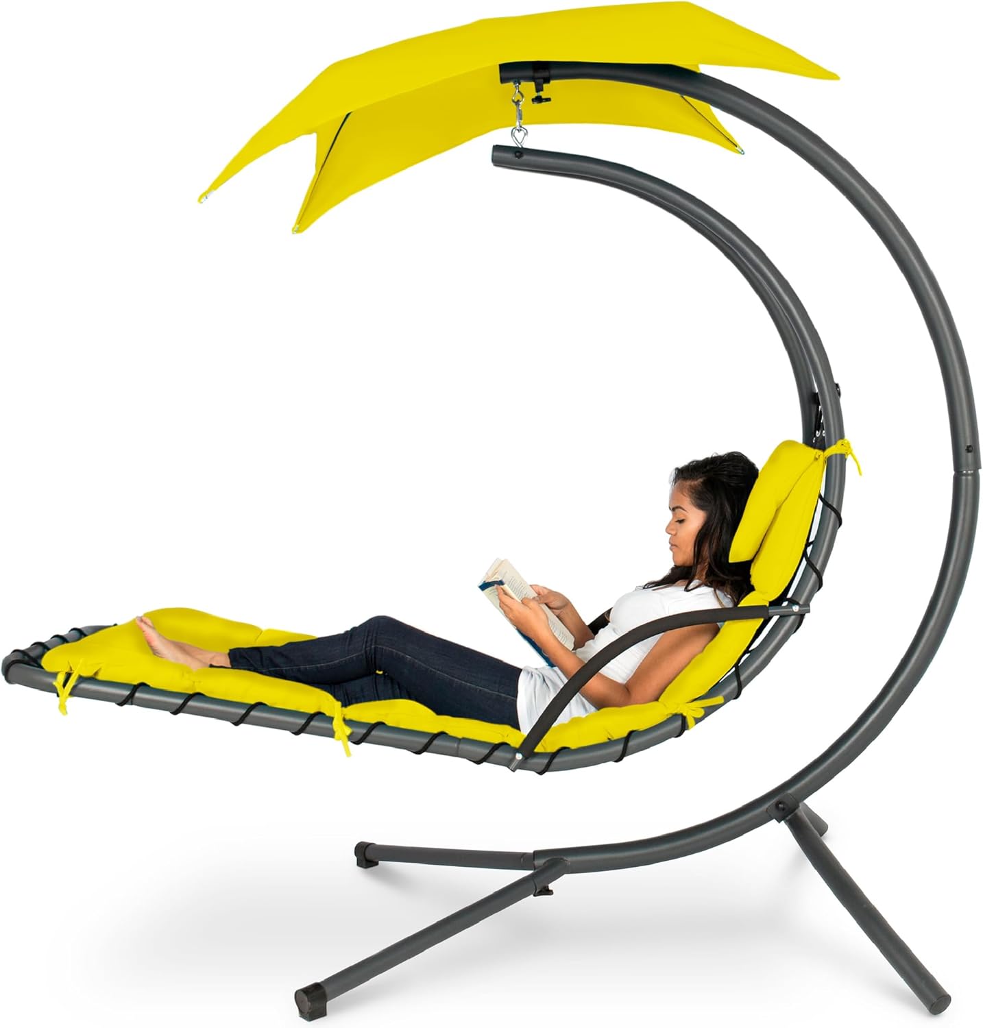 Best Choice Products Outdoor Hanging Curved Steel Chaise Lounge Chair Swing w/Built-in Pillow and Removable Canopy - Charcoal Gray wourant