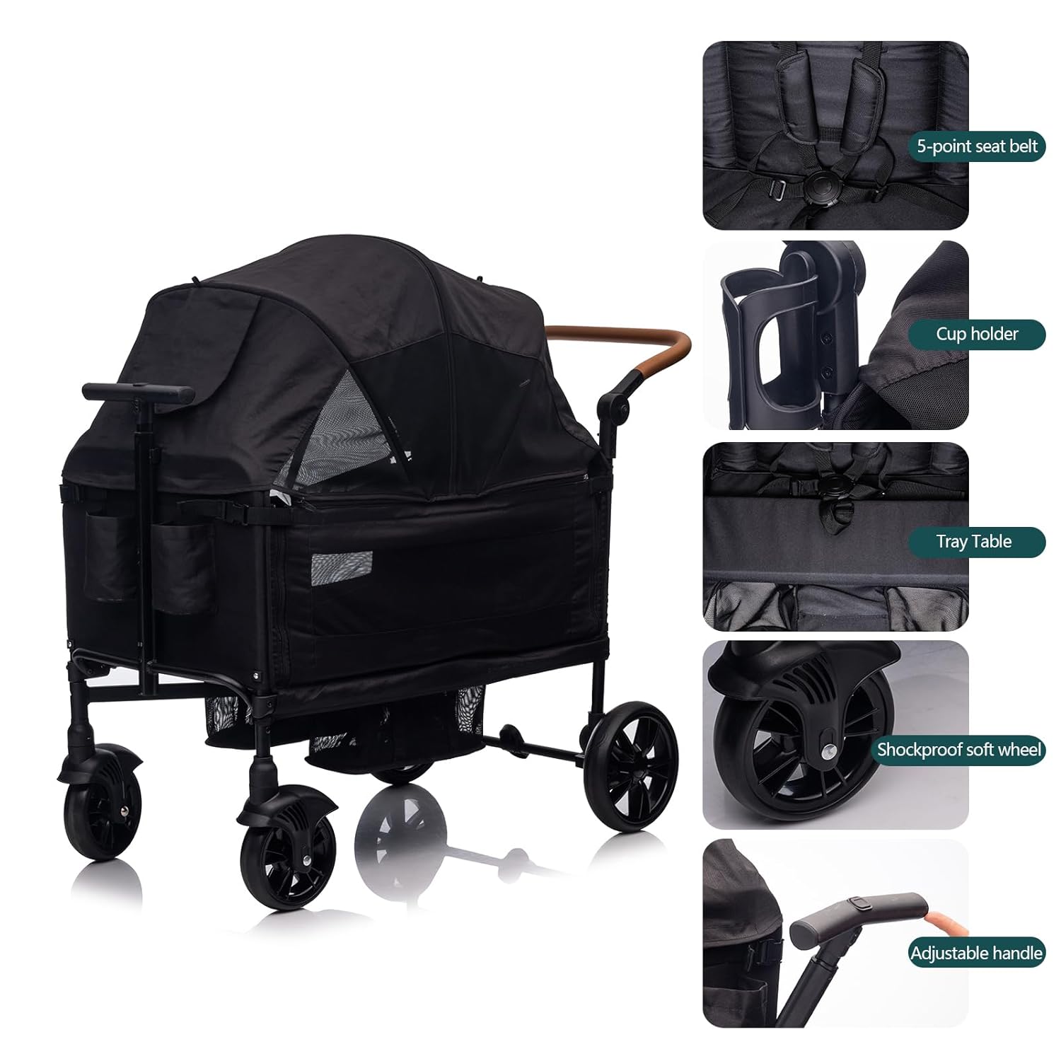 Wagon Stroller for 2 Kids & Cargo-Travel Stroller Push-Pull Double Wagon Lightweight Folding Stroller for Newborn&Toddler with 5-Point Harness,Adjustable Handle Bar and Canopy,Tray Table,Cup Holder wourant