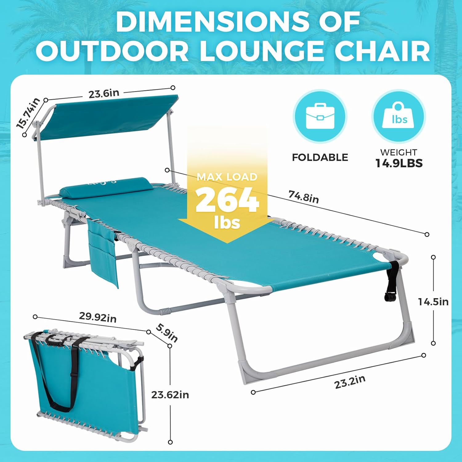 2 Pack Outdoor Chaise Lounge Chair - Portable Folding Patio Pool Lounge Chair, 5 Positions Adjustable Reclining Camping Chair with Side Table,Shoulder Strap, Pillow for Beach Sunbathing Lawn wourant