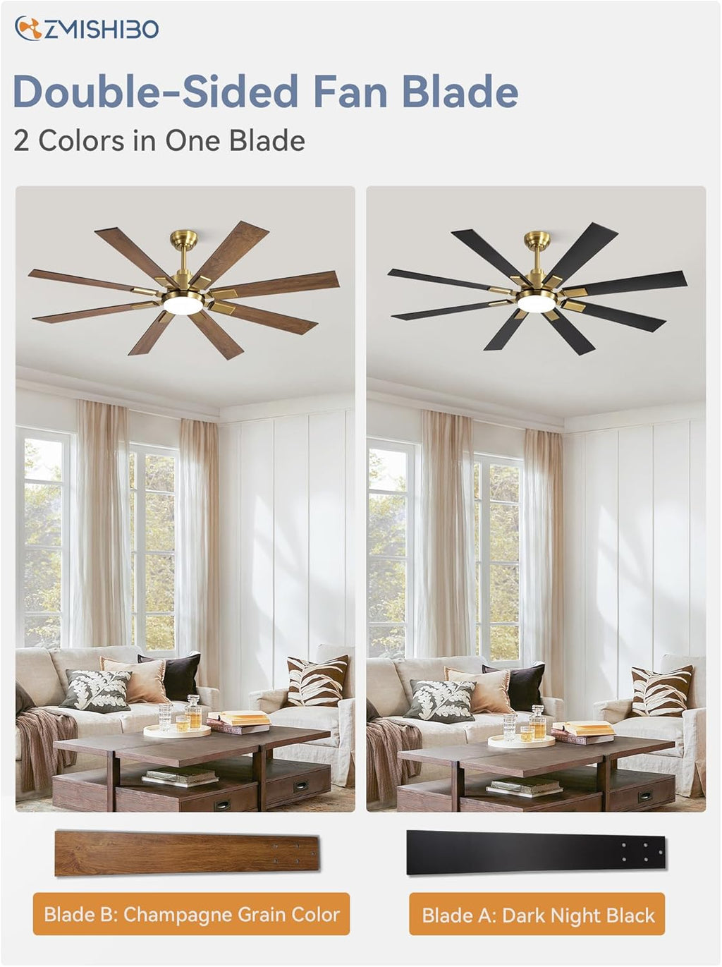 ZMISHIBO 72 inch Large Ceiling Fans with Lights and Remote, Indoor/Outdoor Black Modern Ceiling Fan for Kitchen Living Room Patio, 6 Speed Reversible Quiet DC Motor, 3 CCT, Dual Finish 8 Blades wourant