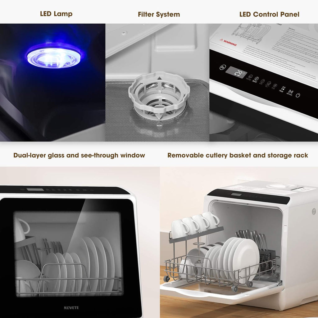 NOVETE Portable Countertop Dishwashers, Compact Dishwashers with 5L Built-in Water Tank & Inlet Hose wourant