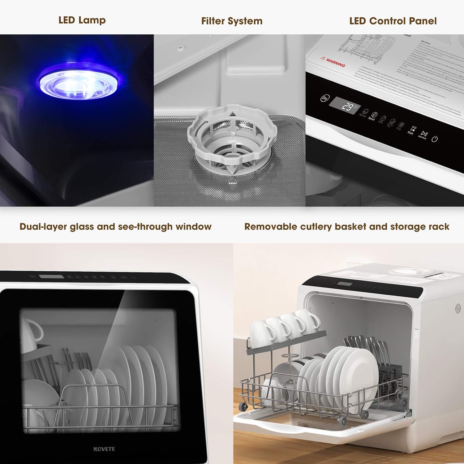 NOVETE Portable Countertop Dishwashers, Compact Dishwashers with 5L Built-in Water Tank & Inlet Hose wourant