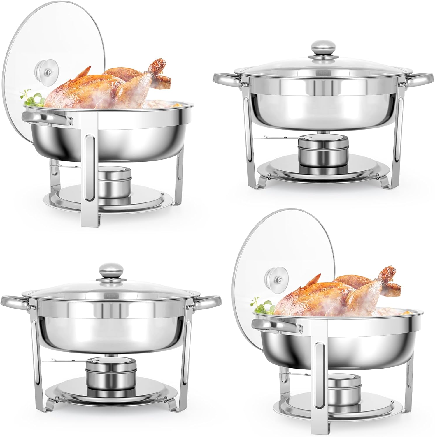 5 QT Chafing Dishes, 4 Pack Premium Stainless Steel Complete Set, Round Chafing Dish Buffet Set, Heating and Cooling Chafing Dish for Gatherings Banquets, Buffets, Parties, Weddings wourant