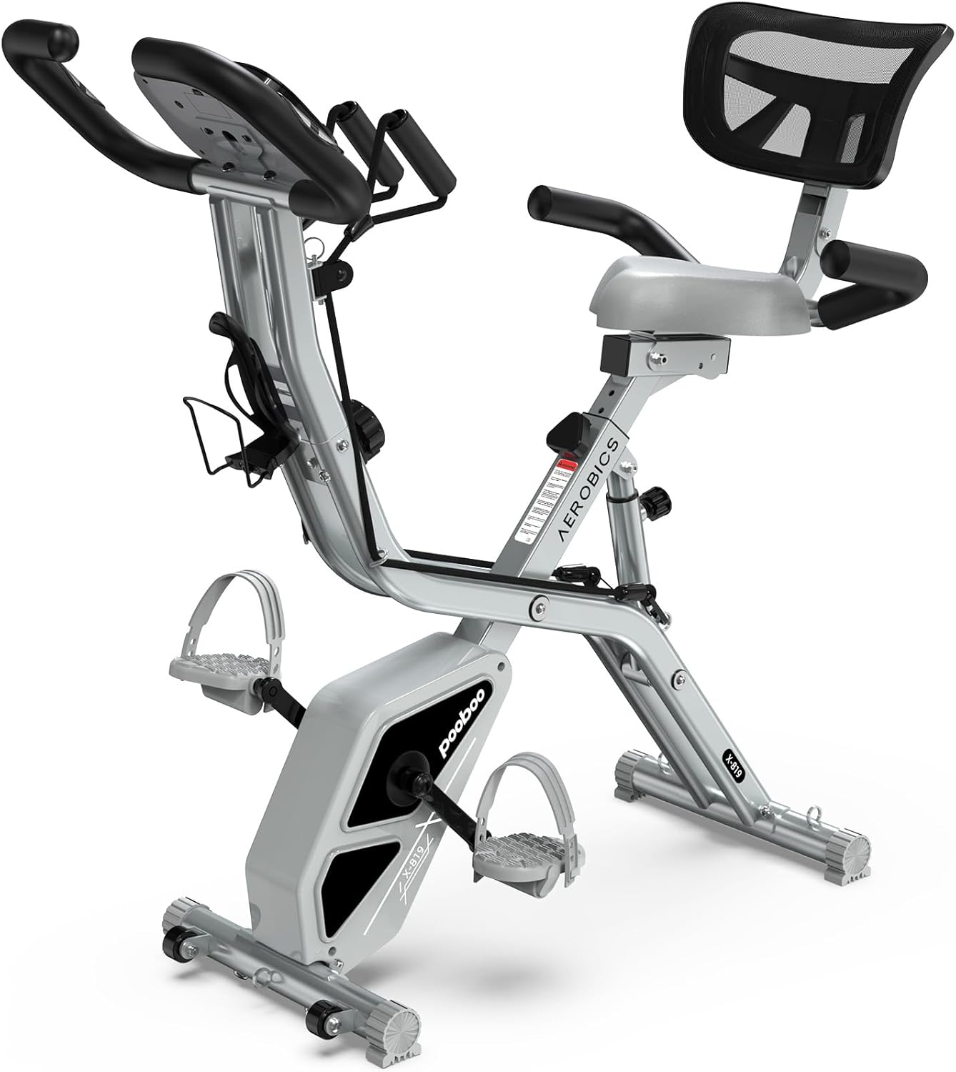 pooboo Folding Exercise Bike, Foldable Fitness Stationary Bike Machine, Upright Indoor Cycling Bike, Magnetic X-Bike with 8-Level Adjustable Resistance, Bottle Holder & Back Support Cushion for Home Gym Workout wourant