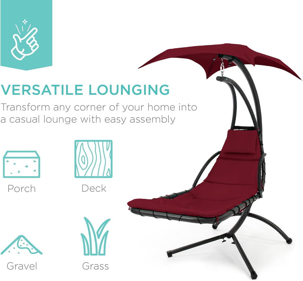 Best Choice Products Outdoor Hanging Curved Steel Chaise Lounge Chair Swing w/Built-in Pillow and Removable Canopy - Charcoal Gray wourant