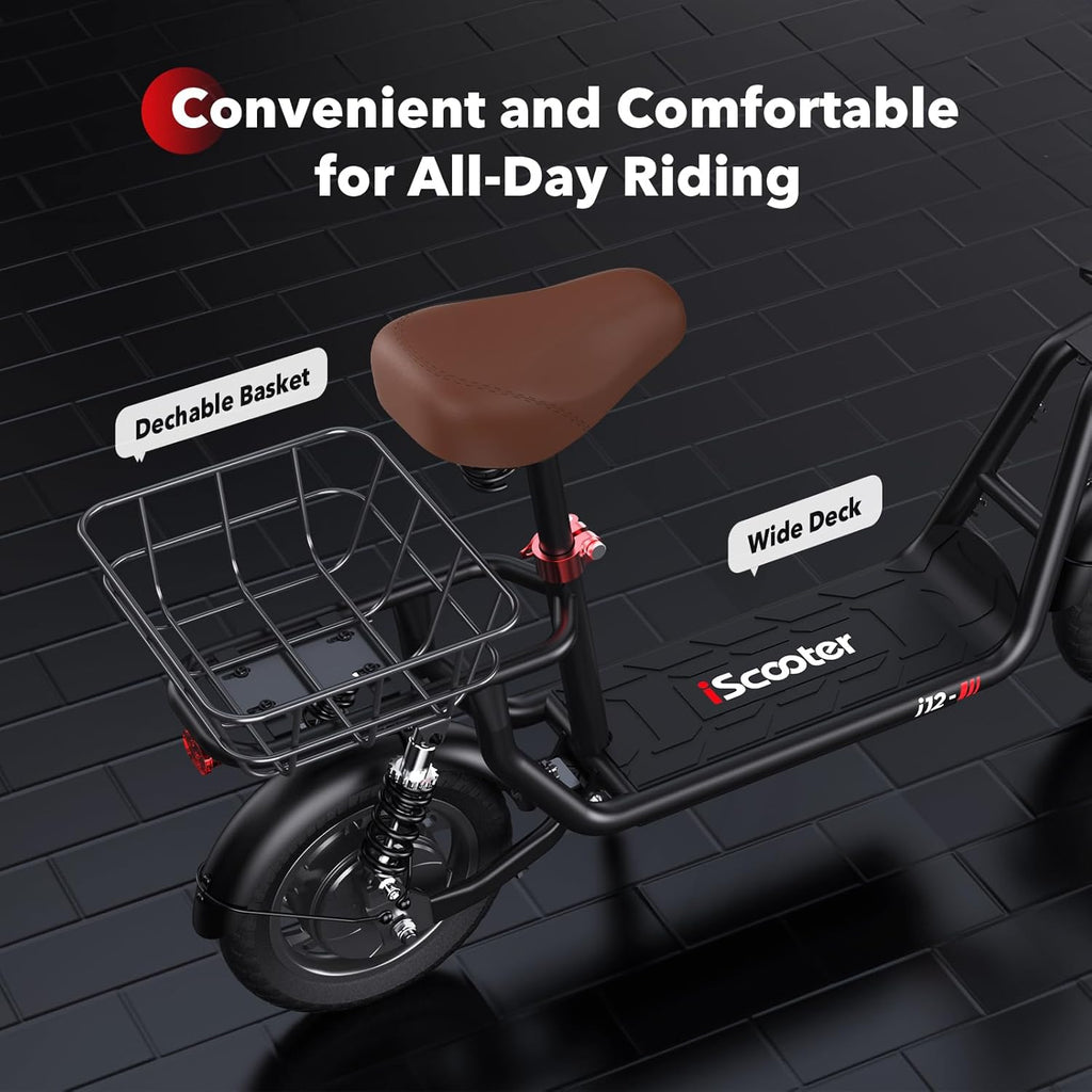 iScooter electric scooter with seat, 37/21 mile range, 28/19/15.6 mph top speed, dual suspension scooter with basket wourant