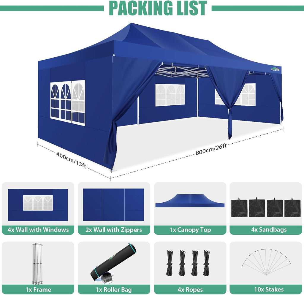 COBIZI 10x20 Heavy Duty Pop up Canopy Tent with 6 sidewalls Easy Up Commercial Outdoor Canopy Wedding Party Tents for Parties All Season Wind & Waterproof Gazebo with Roller Bag,Black(Frame Thickened) wourant