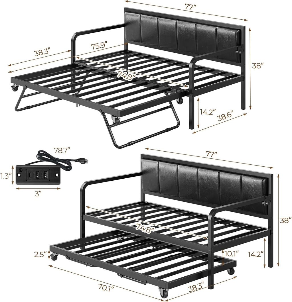 Rolanstar Daybed with Charging Station and LED Lights, Height Adjustable Twin Daybed with Trundle, Metal Sofa Bed Frame with Steel Slat Support wourant