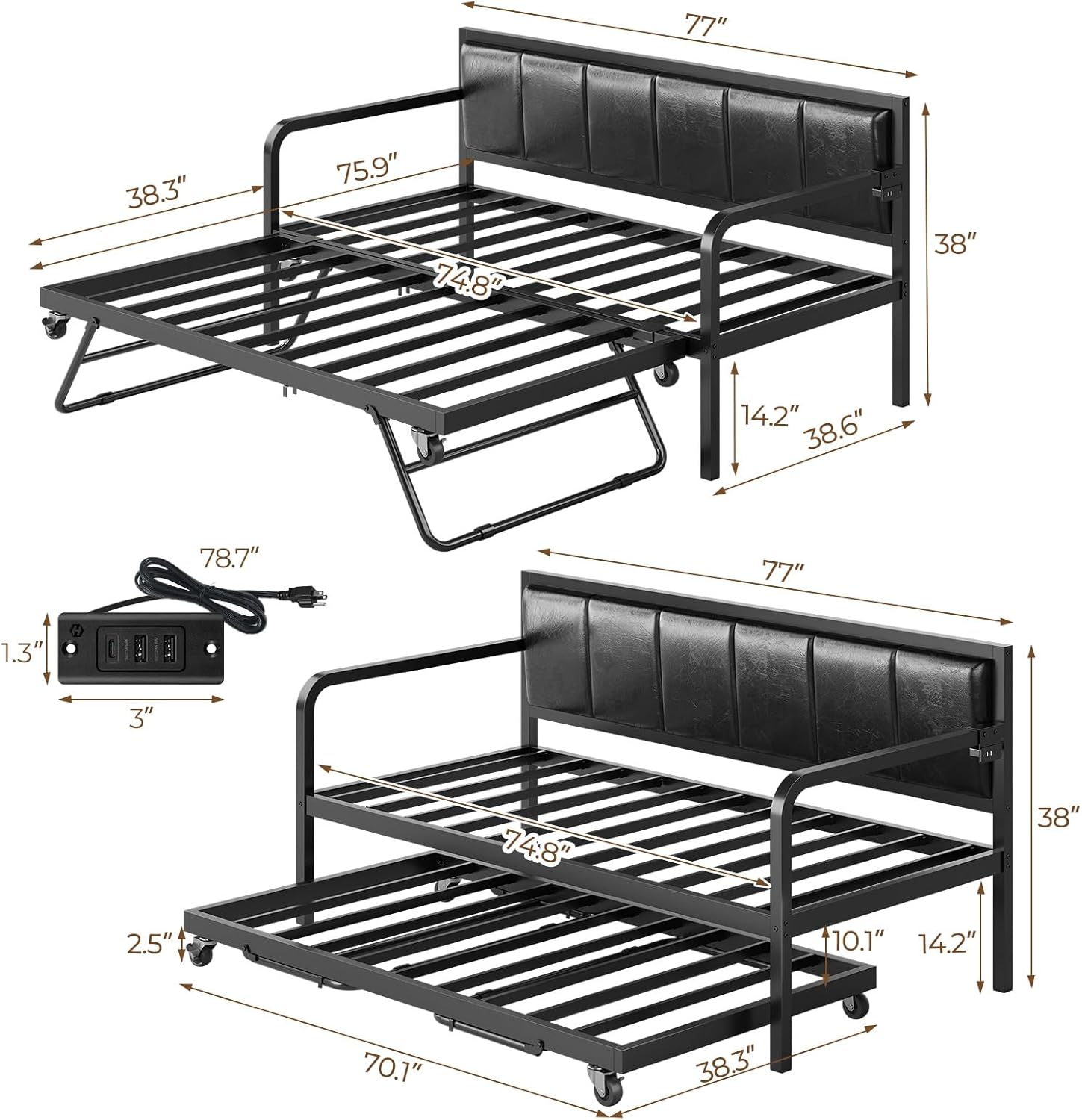 Rolanstar Daybed with Charging Station and LED Lights, Height Adjustable Twin Daybed with Trundle, Metal Sofa Bed Frame with Steel Slat Support wourant