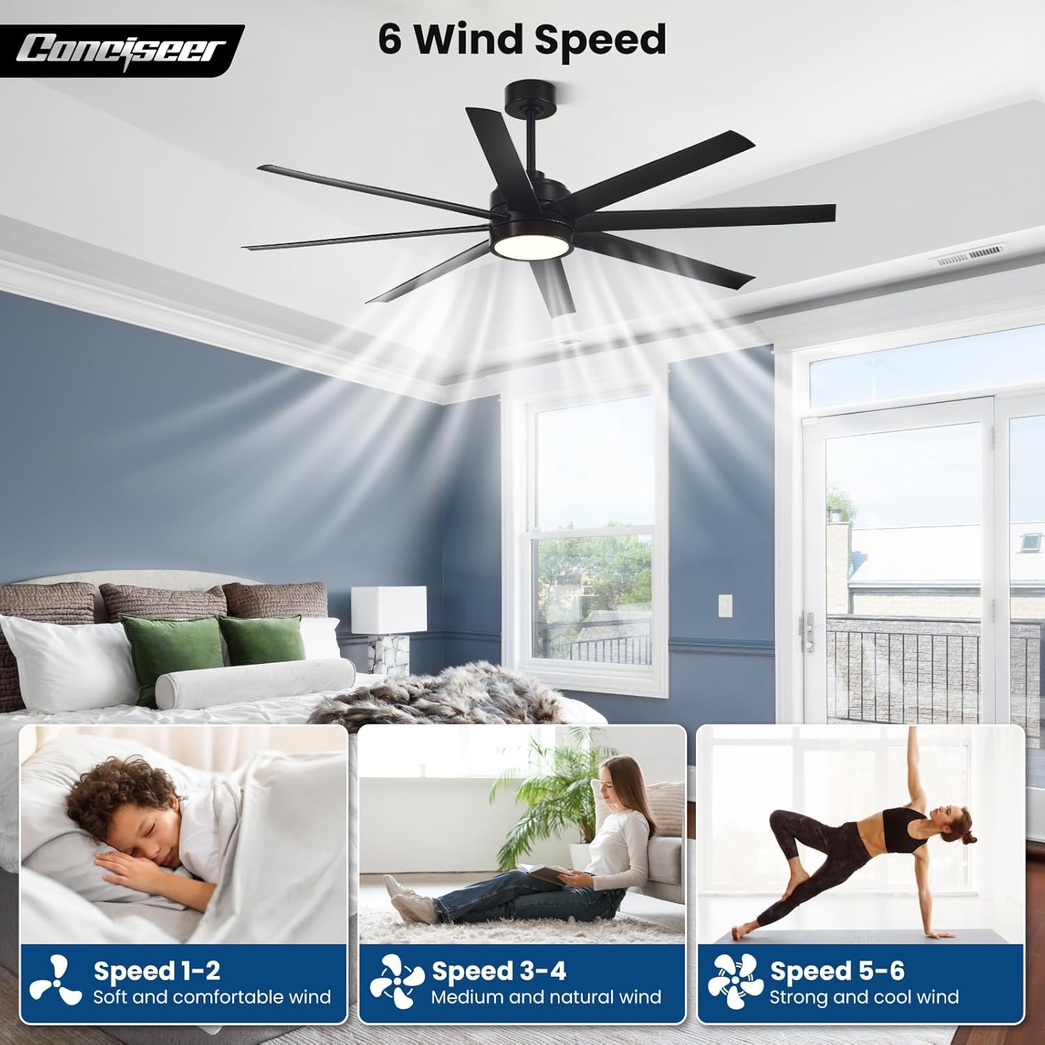 Modern Ceiling Fans with Lights, 72 Inch Ceiling Fan with Light and Remote, Bedroom Living Room Library Cafe Outdoor/Industrial,24W 3CCT Dimmable, 8 Blades 6 Speed Reversible Quiet DC Motor, Black wourant