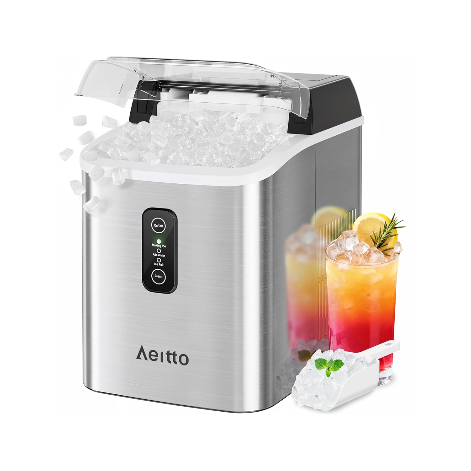 Aeitto Nugget Ice Maker Countertop, 42lbs/24H Ice Machine with 1.5L Water Tank, Rapid Ice Release in 6 Mins, Self-Cleaning Pebble Ice Maker with Basket and Scoop for Home Office RV and Party, Silver woonhhop
