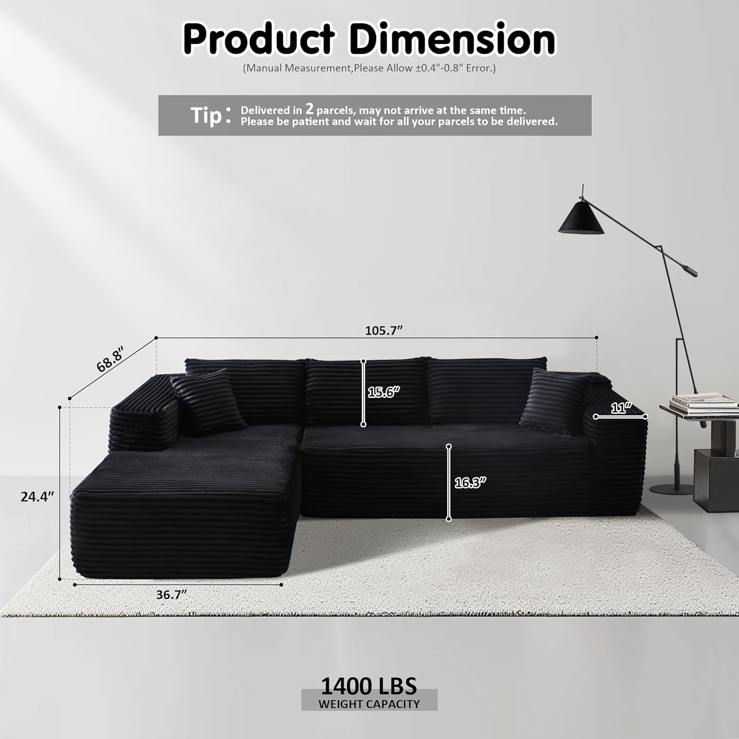Ovios 104" Cloud Section Sofa L-shaped lounge chair, modern modular sofa wourant