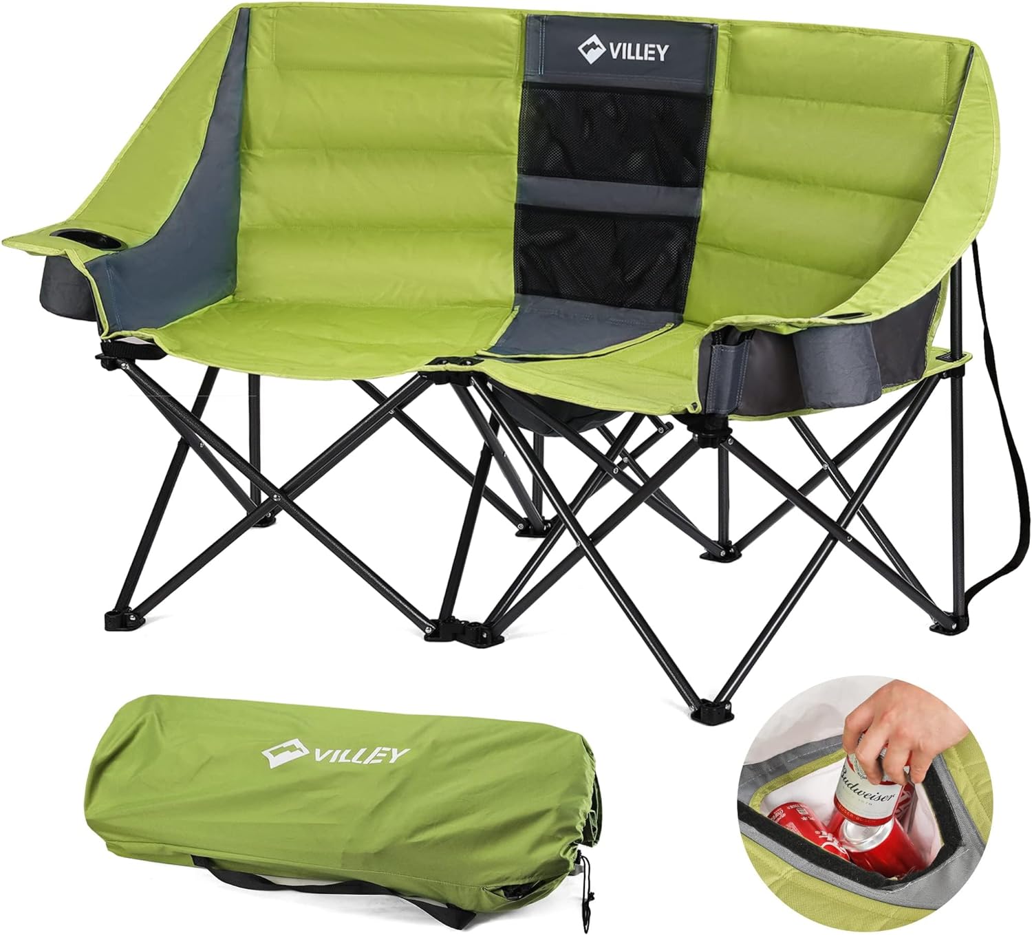 Double camping chair (with cooler bag), extra wide love seat, heavy duty padded camping sofa, portable folding chair wourant