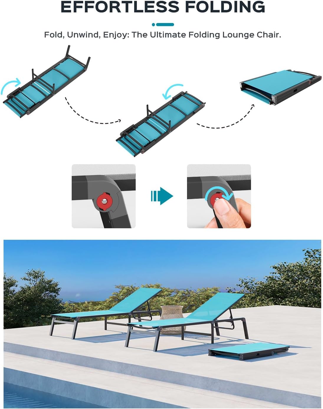 Aluminum Chaise Lounge Ourdoor - Foldable & Assemble Free Outdoor Lounge Chair with 5 Adjustable Backrest, Patio Lounge Chair for Outside Poolside Beach Pool, Black wourant