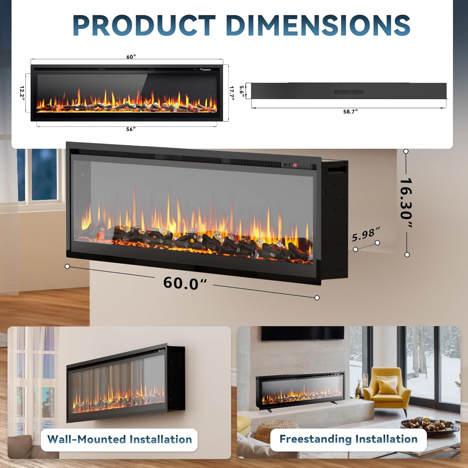 EUHOMY 50 Inch Electric Fireplace Wall Recessed and Wall Mounted with Adjustable Flame Color, Fireplace Heater with Remote Control, Linear Fireplace with Timer, Touch Screen, Log & Crystal, 750/1500W wourant