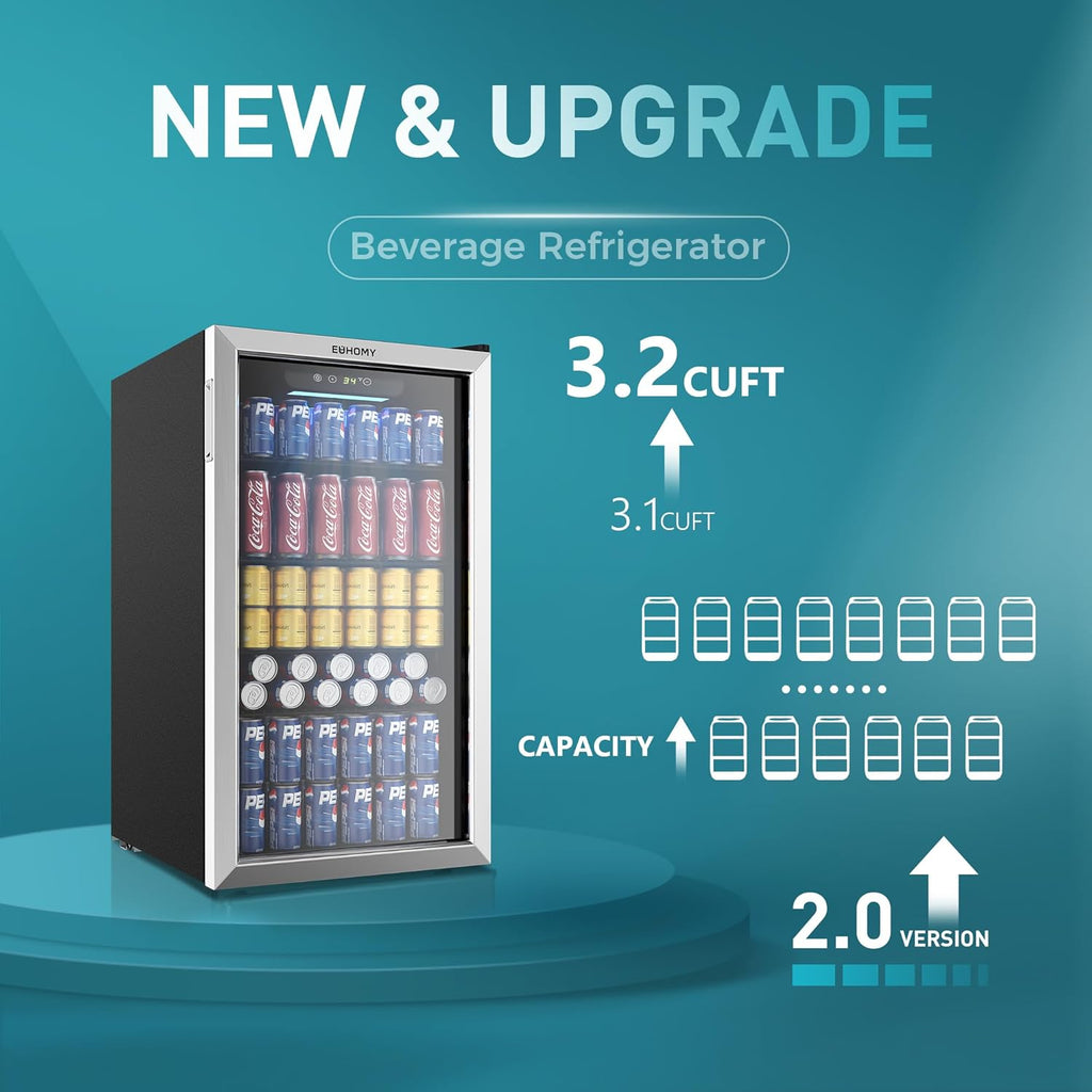 EUHOMY Beverage Refrigerator Cooler, 130 Can Mini Fridge with Glass Door for Soda Beer or Wine, Beverage Cooler for Home, Office, Bar with Adjustable Removable Shelves, Silver wourant