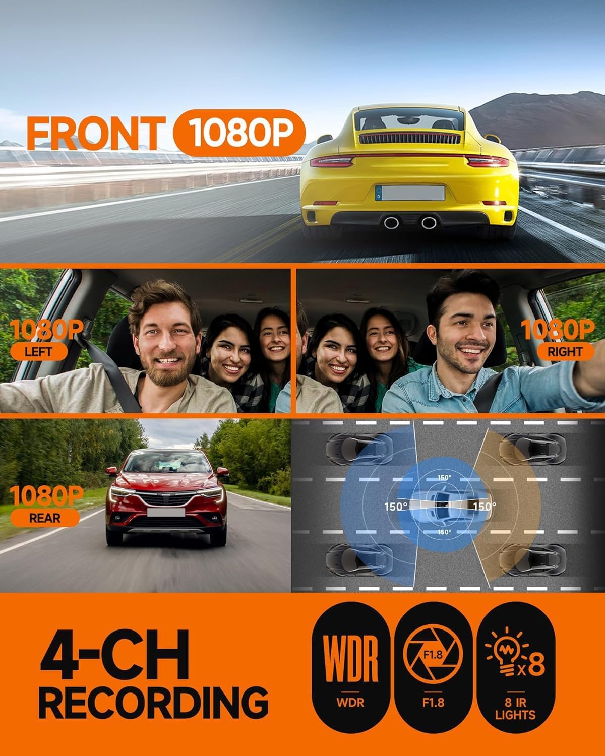 360° Dash Cam 4-Channel FHD 4*1080P Wi-Fi GPS Voice Control Car Camera, Front 2K+1080P*2 Dash Cam, with 64GB SD Card, Night Vision, 24-Hour Parking Mode wourant
