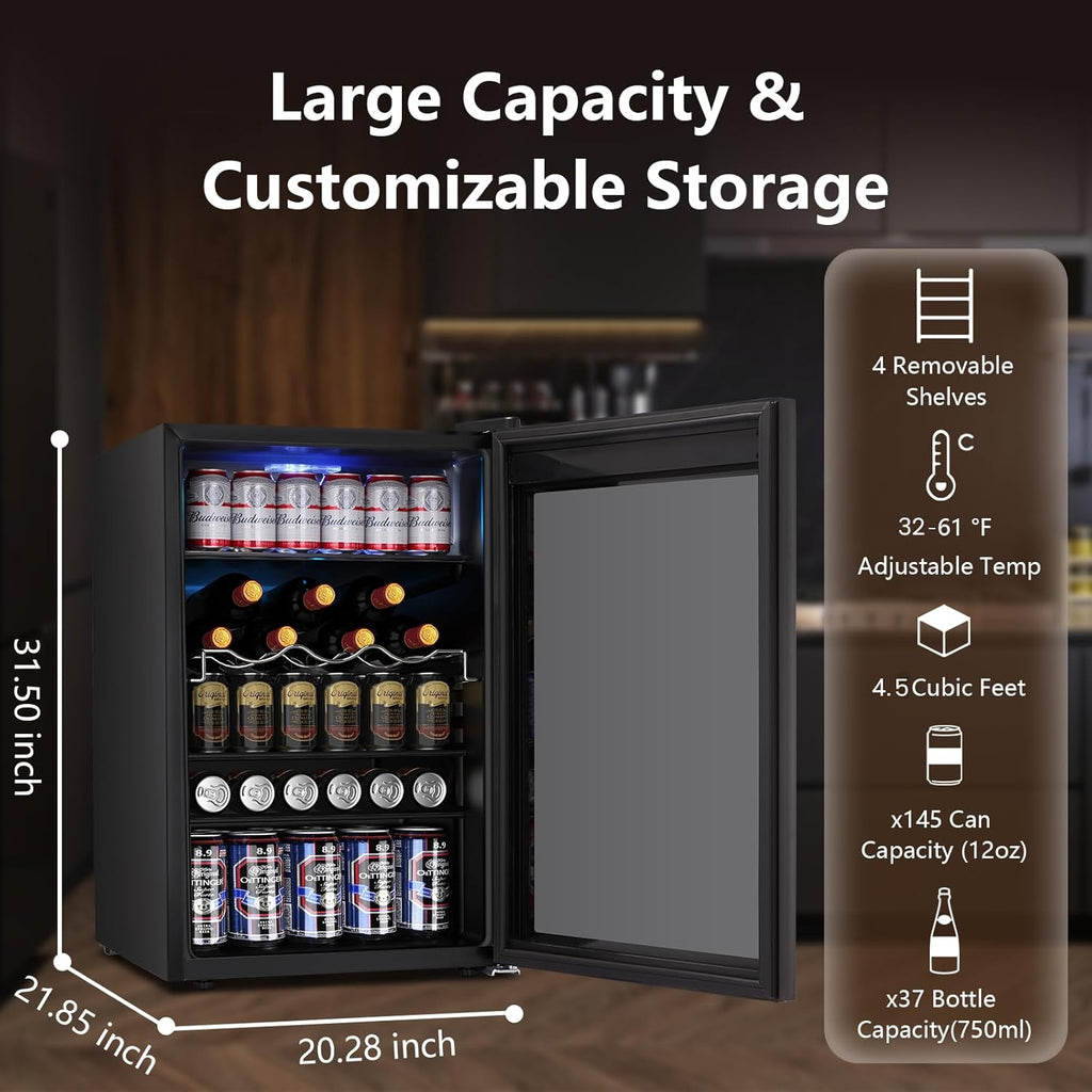 Mini Fridge 130 Can Beverage Refrigerator Cooler, 3.2 Cu.Ft Drink Fridge for Soda Wine Beer, Adjustable Temperature Control for Home Office, Black wourant