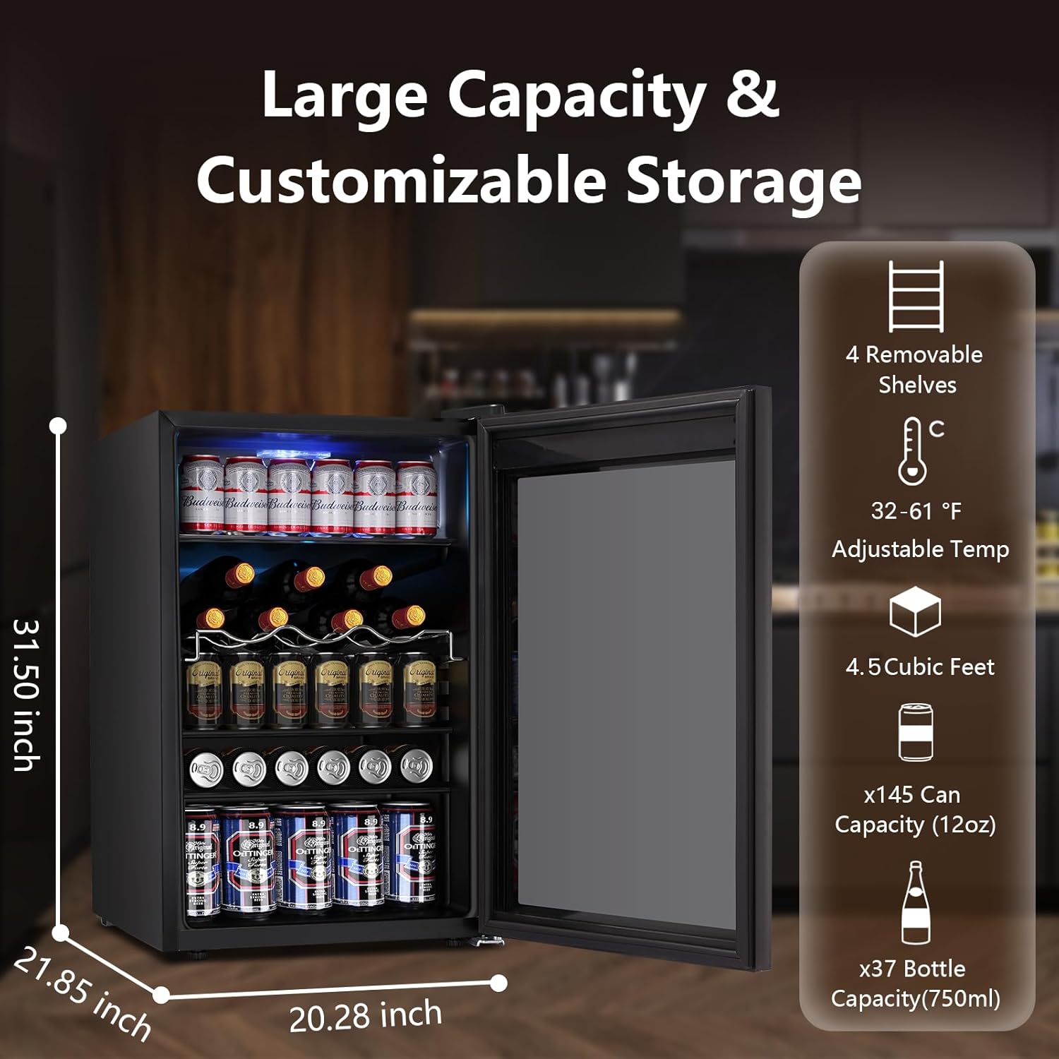 Mini Fridge 130 Can Beverage Refrigerator Cooler, 3.2 Cu.Ft Drink Fridge for Soda Wine Beer, Adjustable Temperature Control for Home Office, Black wourant