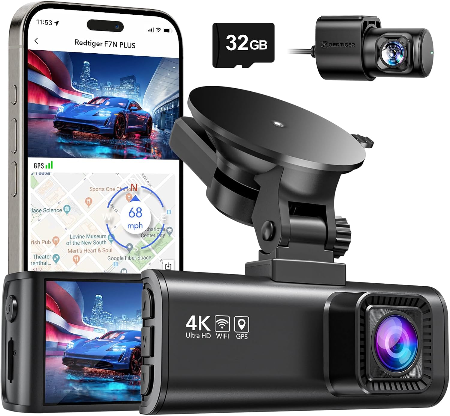 Dash Cam Front Rear 4K/2.5K Full HD Dash Camera Included 32GB Card Built-in Wi-Fi GPS wourant