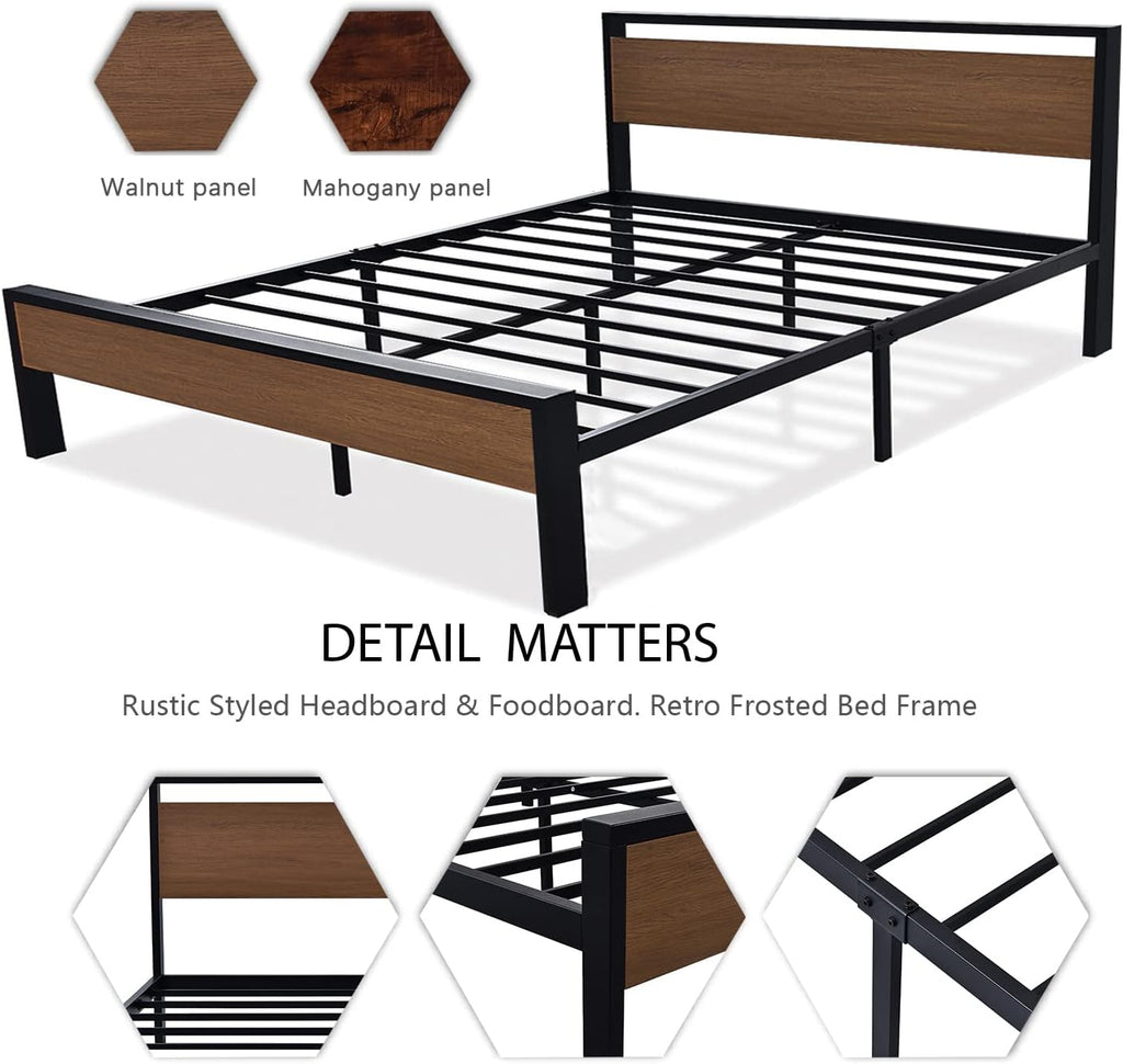 SHA CERLIN 14 Inch Queen Size Metal Platform Bed Frame with Wooden Headboard and Footboard wourant