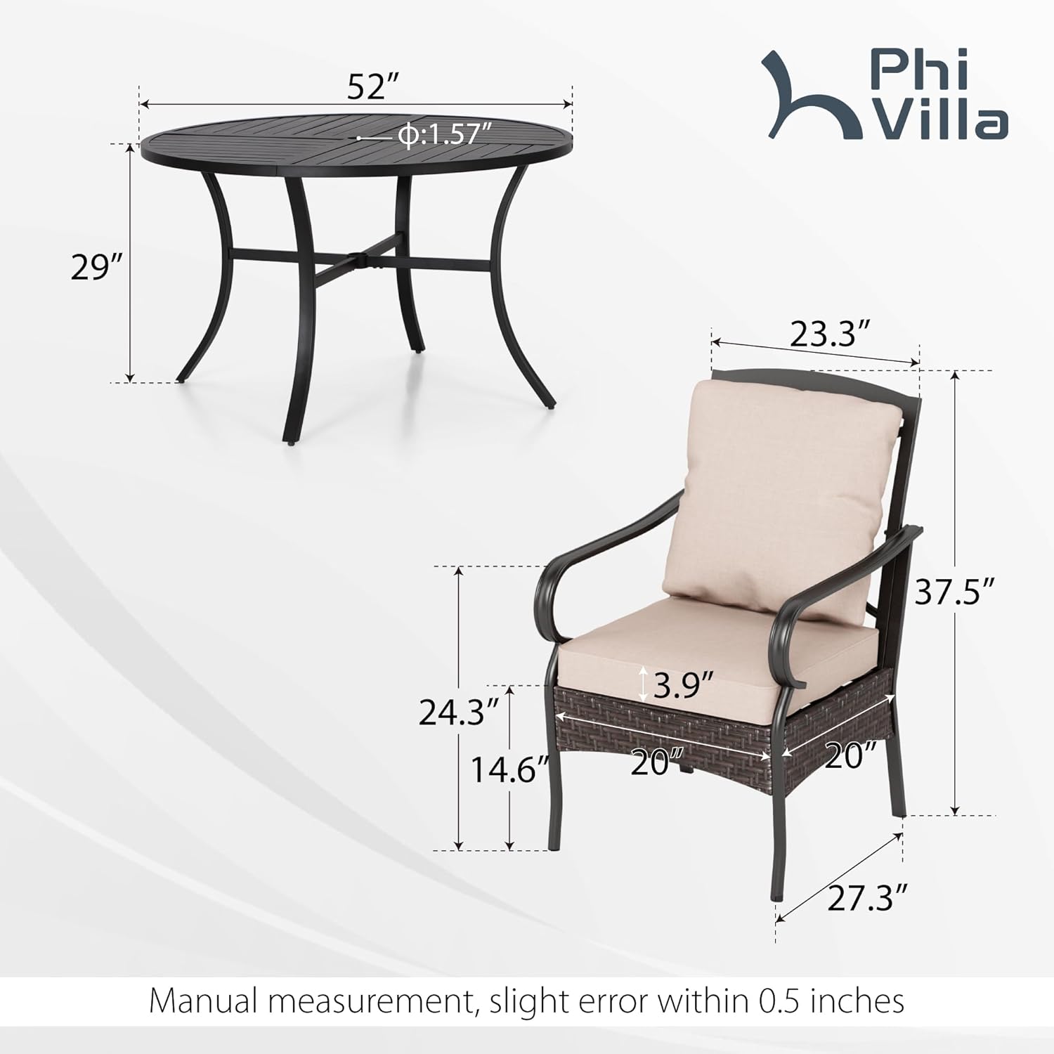 PHI VILLA 6-Piece Outdoor Dining Sets, All-Weather Patio Table and Chairs Set with Umbrella for 4, Heavy Duty Patio Round Table Set for Deck, 4 Extra Large Outdoor Swivel Chairs with Thick Cushions wourant