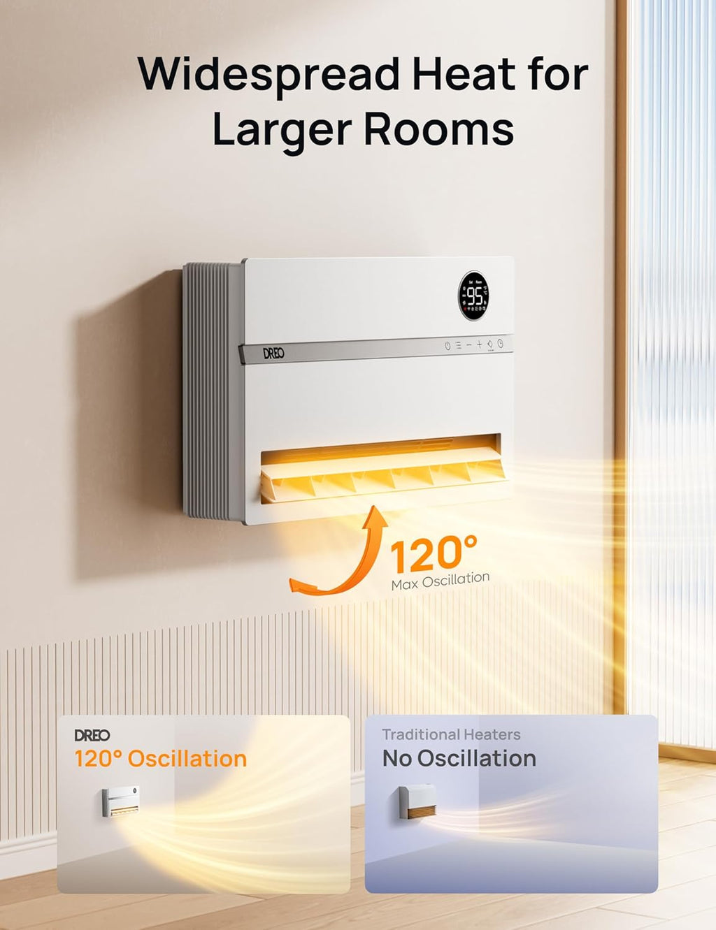 Smart wall mounted heater, bedroom electric heater, 1500W adjustable thermostat 24-hour timer easy to install indoor heater wourant