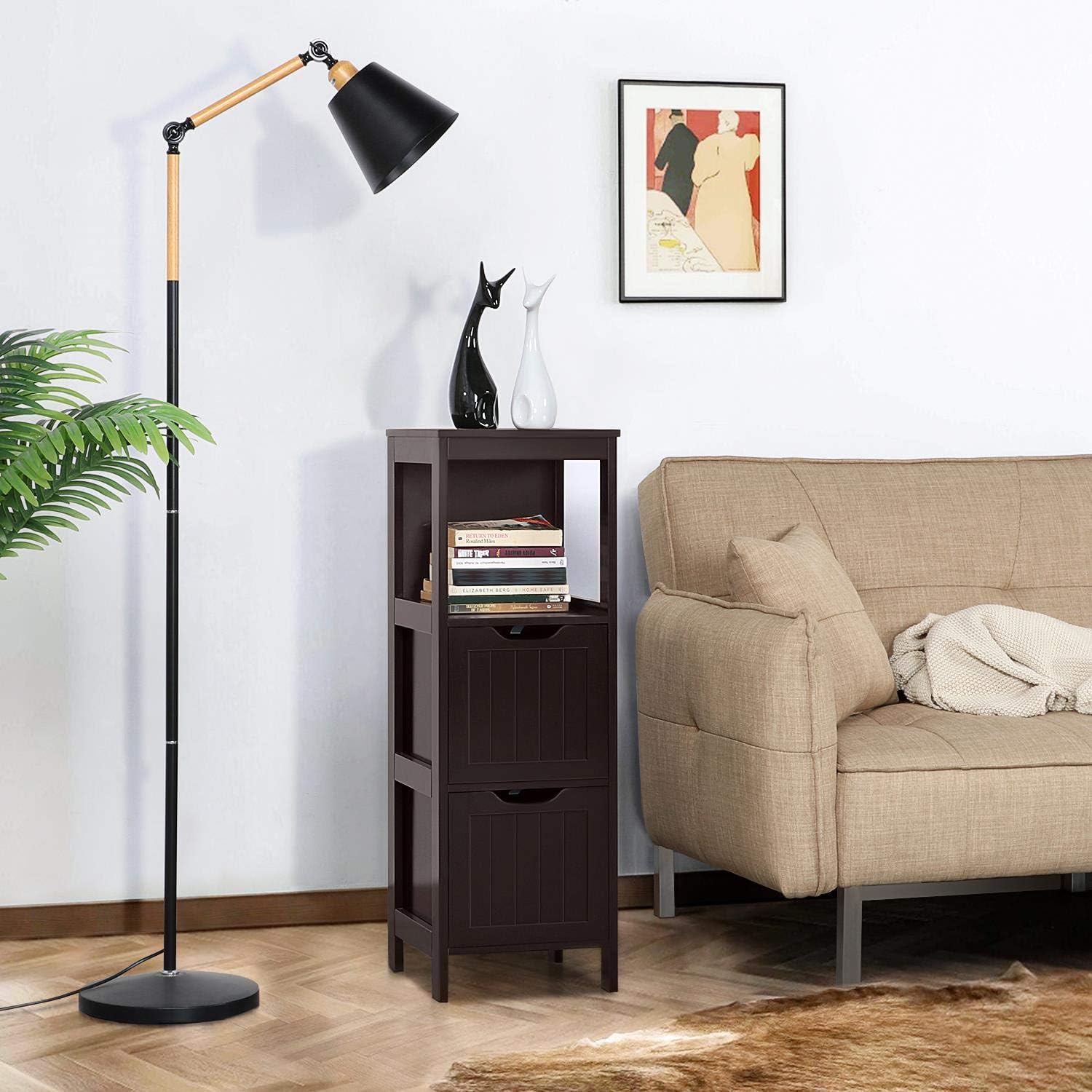 Bathroom Floor Cabinet, Wooden Storage Cabinet with 2 Drawers, Multifunctional Side Organizer Rack Stand Table wourant