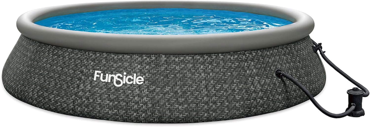 Funsicle 12 Foot by 36 Inch Quickset Round Inflatable Ring Top Outdoor Above Ground Swimming Pool Set with Pump and Cartridge Filter, Dark Herringbone wourant