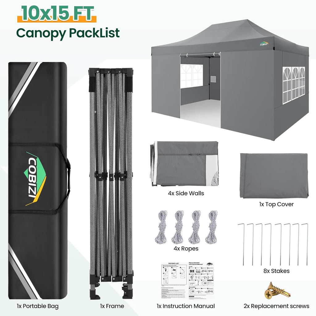 COBIZI 10x20 Heavy Duty Pop up Canopy Tent with 6 sidewalls Easy Up Commercial Outdoor Canopy Wedding Party Tents for Parties All Season Wind & Waterproof Gazebo with Roller Bag,Black(Frame Thickened) wourant