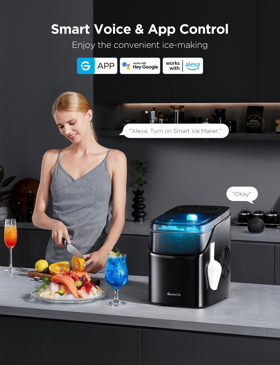 GoveeLife Smart Ice Maker Countertop, Portable Ice Machine with Voice Control, 9 Ice Cubes in 6 Minutes 3 Sizes, 26lbs/24Hrs, Self Cleaning RGB Lights, Quiet Ice Maker with Scoop for Kitchen Silver wourant