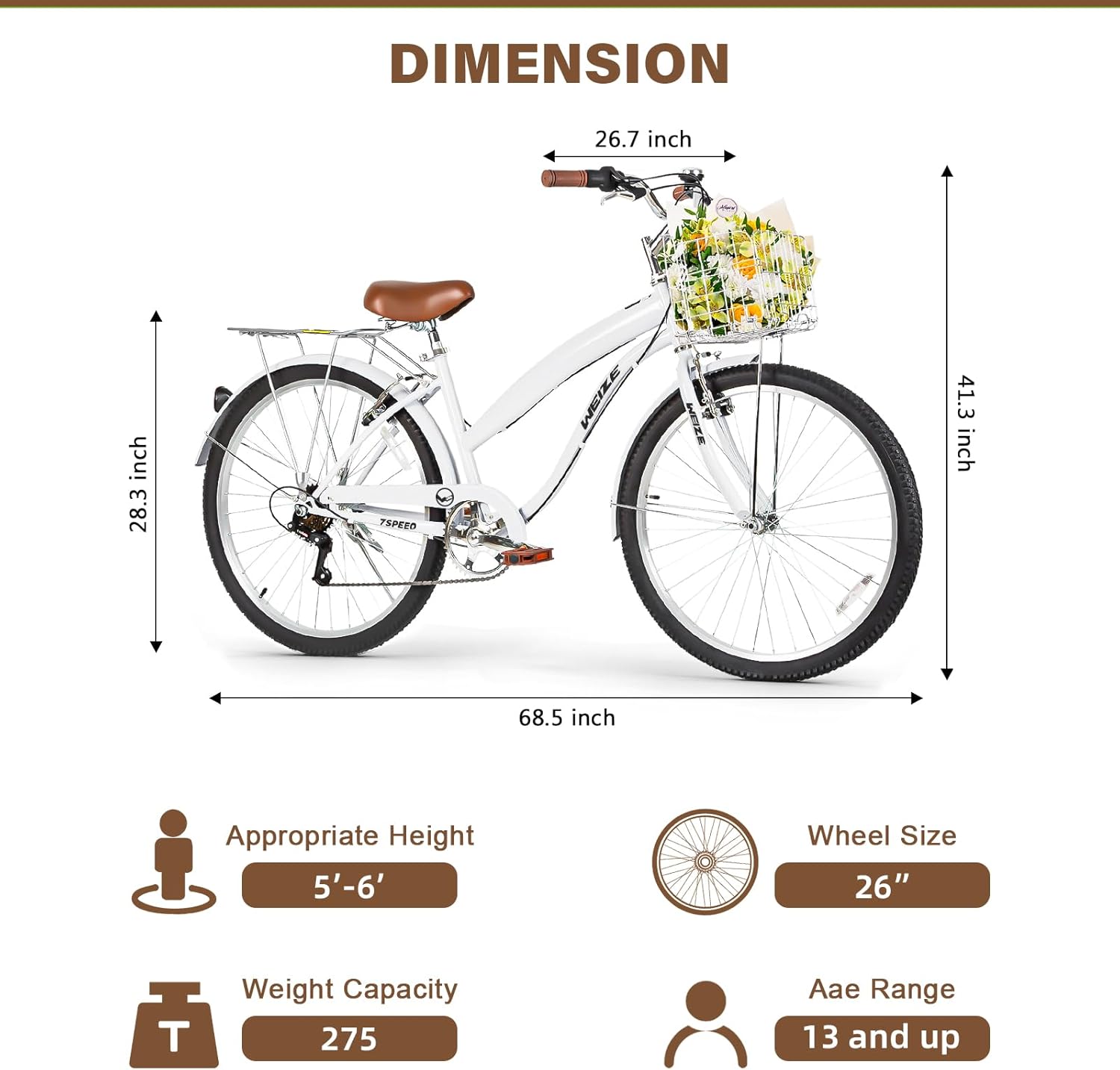 WEIZE Beach Cruiser Bike, 26 inch Commuter Bicycle for Adult Men and Women, 7-Speed/High-Carbon Steel/Front & Rear Fenders, Comfortable City Bikes with Rear Rack or Basket, Ergonomic Upright Design wourant