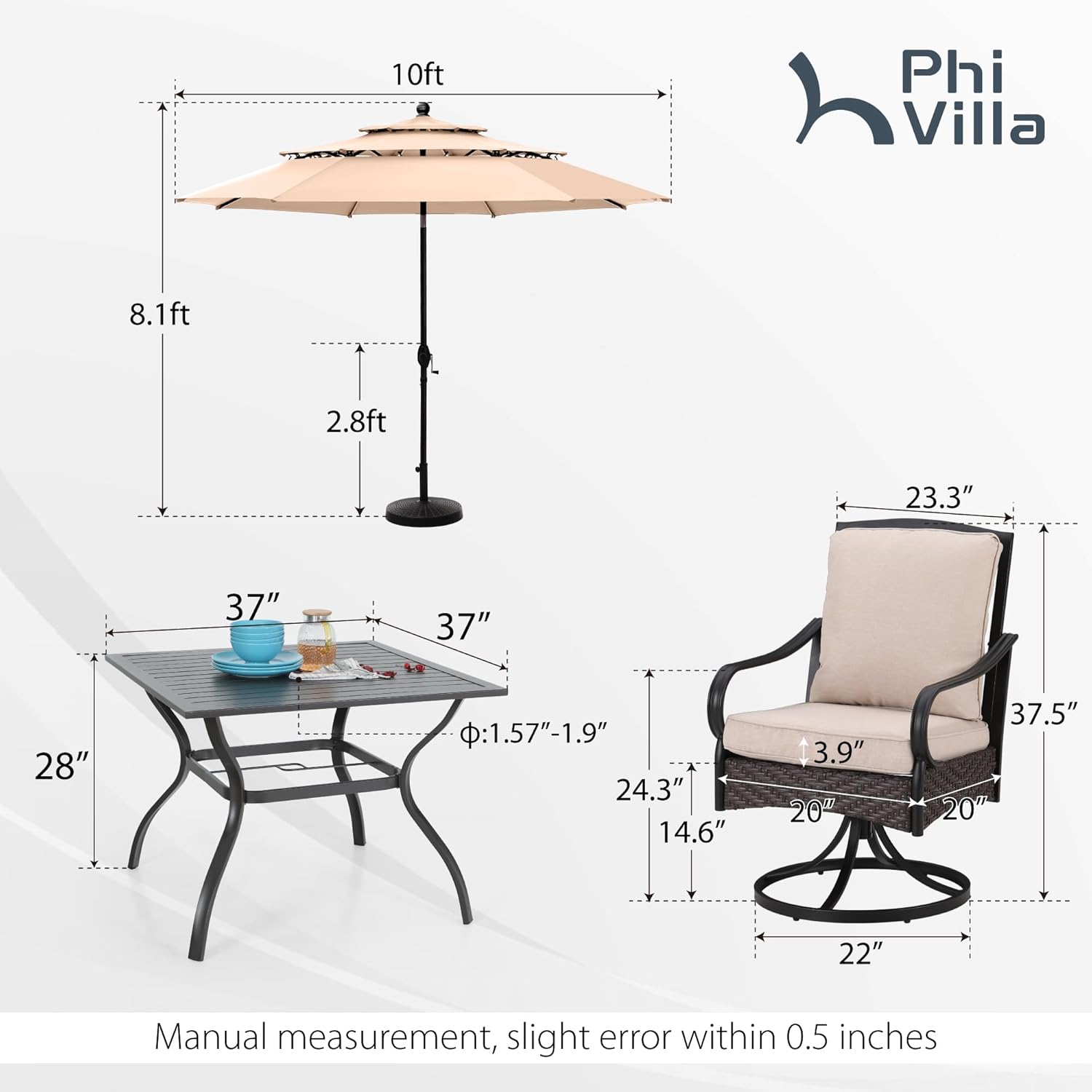 PHI VILLA 6-Piece Outdoor Dining Sets, All-Weather Patio Table and Chairs Set with Umbrella for 4, Heavy Duty Patio Round Table Set for Deck, 4 Extra Large Outdoor Swivel Chairs with Thick Cushions wourant