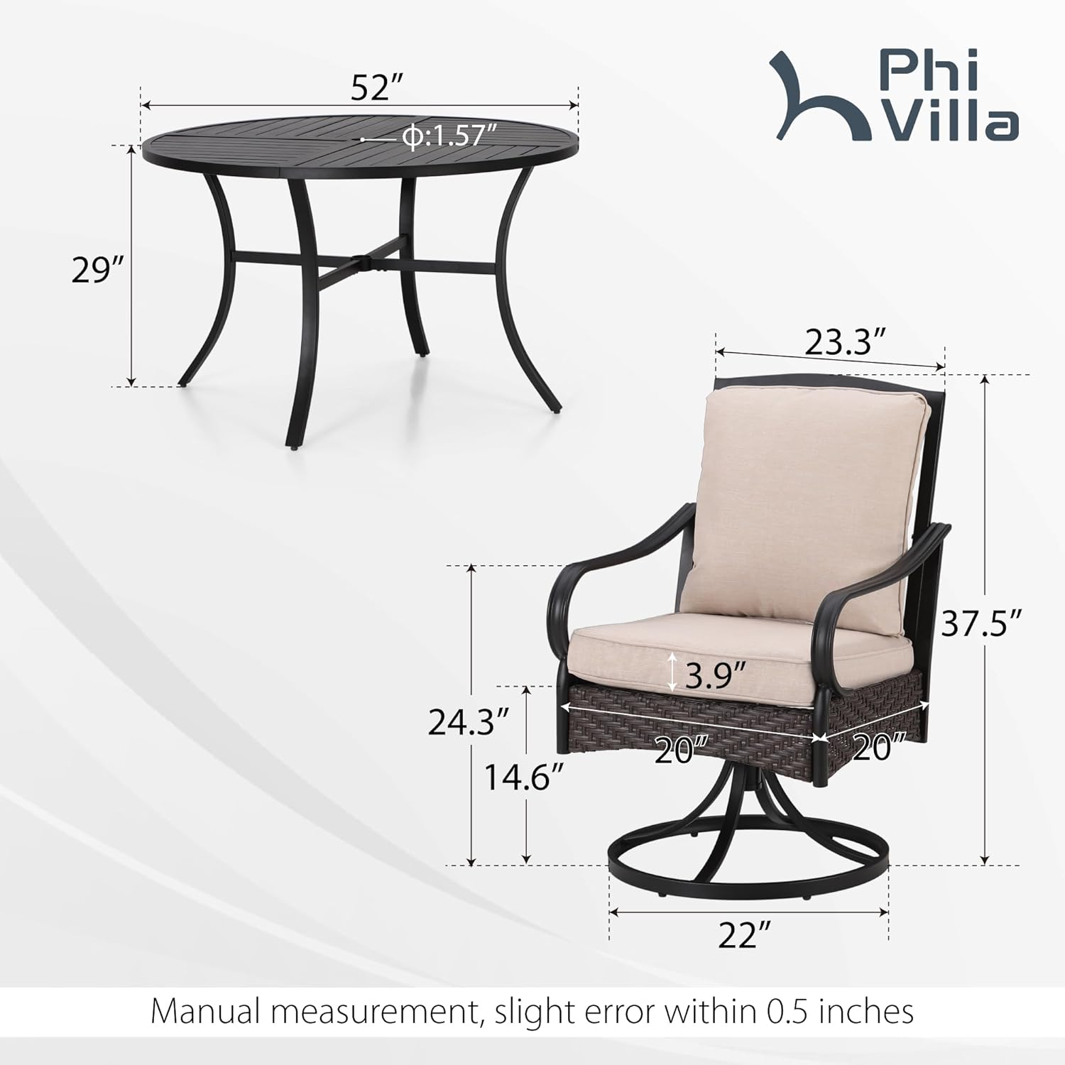PHI VILLA 6-Piece Outdoor Dining Sets, All-Weather Patio Table and Chairs Set with Umbrella for 4, Heavy Duty Patio Round Table Set for Deck, 4 Extra Large Outdoor Swivel Chairs with Thick Cushions wourant
