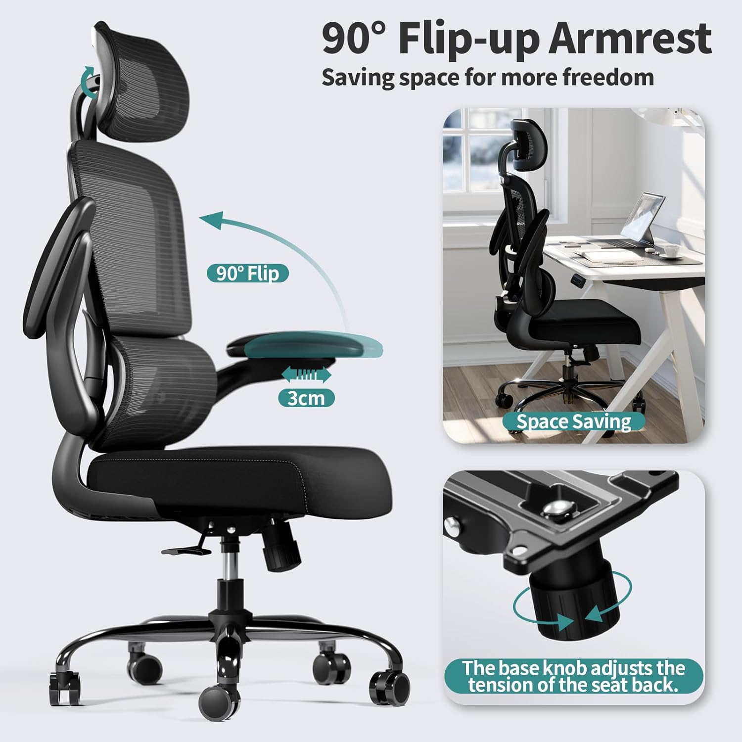 Office Chair Ergonomic Desk Chair, 330 lbs Home Mesh Desk Chair with Wheels, Comfortable Gaming Chair, High Back Office Chair wourant