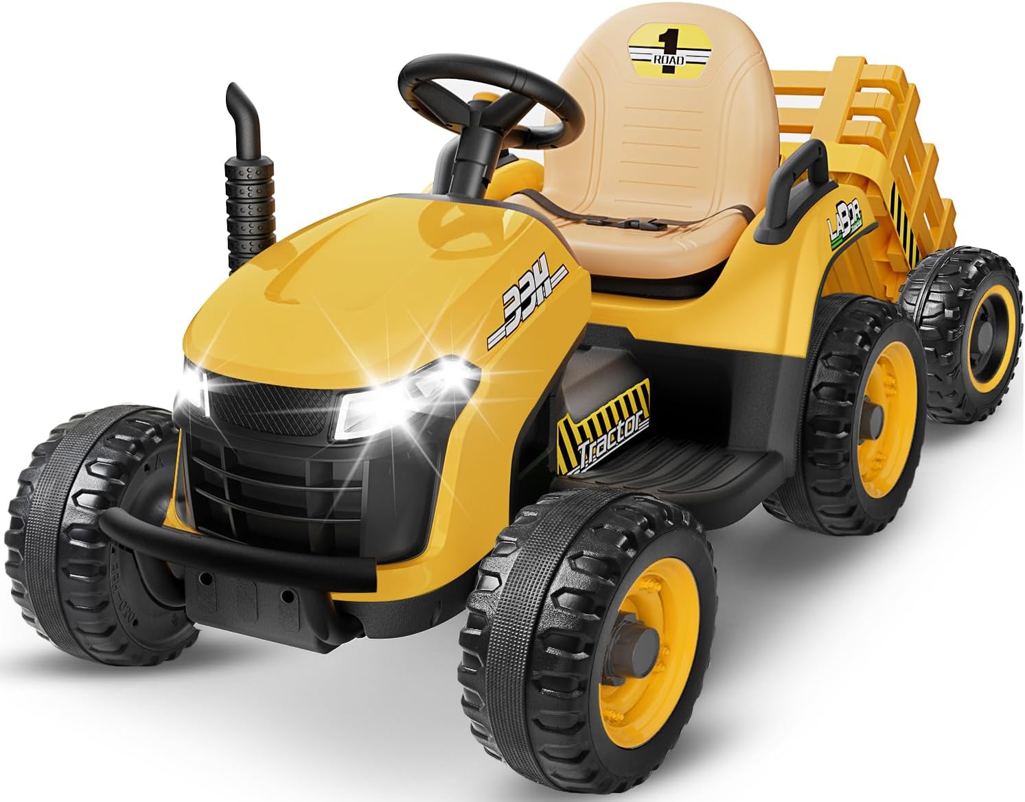 24V Ride On Tractor w/Tiltable & Detachable Trailer, 2x65W Motors, EVA Tires, Remote Control, Bluetooth, Shifter, Music, Electric Car for Kids, Green wourant