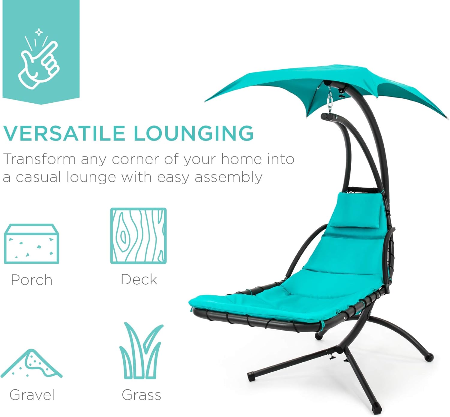 Best Choice Products Outdoor Hanging Curved Steel Chaise Lounge Chair Swing w/Built-in Pillow and Removable Canopy - Charcoal Gray wourant