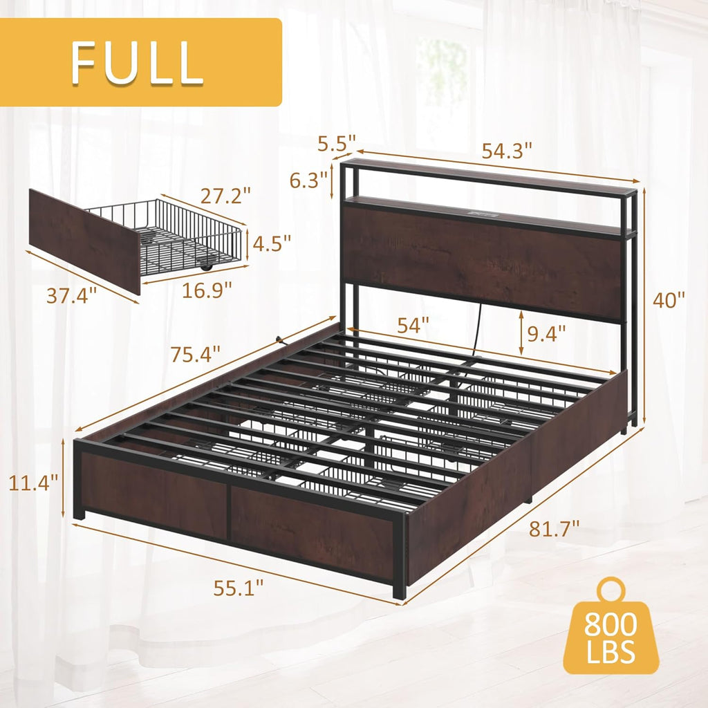 Lifezone Queen Bed Frame with 2-Tier Storage Headboard, Metal Platform Bed Frame with 4 Storage Drawers, Built in Charging Station & LED, Noise-Free/Metal Support/No Box Spring Needed wourant