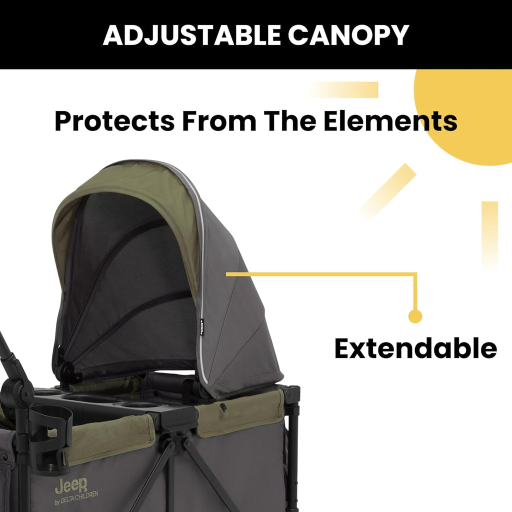 Jeep Sport All-Terrain Stroller Wagon by Delta Children - Includes Canopy, Parent Organizer, Adjustable Handlebar, Snack Tray & Cup Holders, Grey/Olive Green wourant