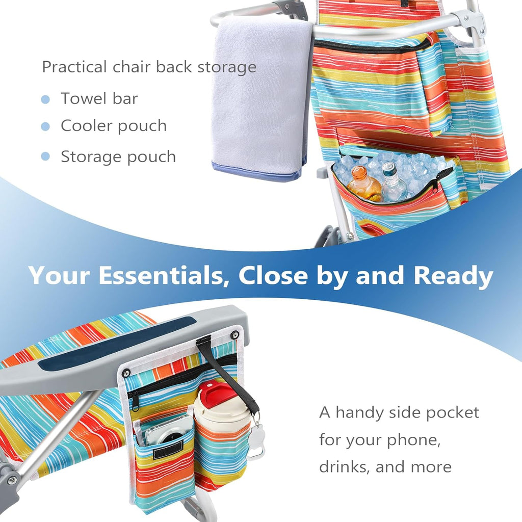 5-Position Aluminum Lay Flat Tall Backpack Beach Chairs 2 Pack Compact Portable Beach Chairs for Adults with Cooler Pouch, Storage Pouch, Towel Bar, Cup Holder & Phone Holder, Blue Stripe wourant