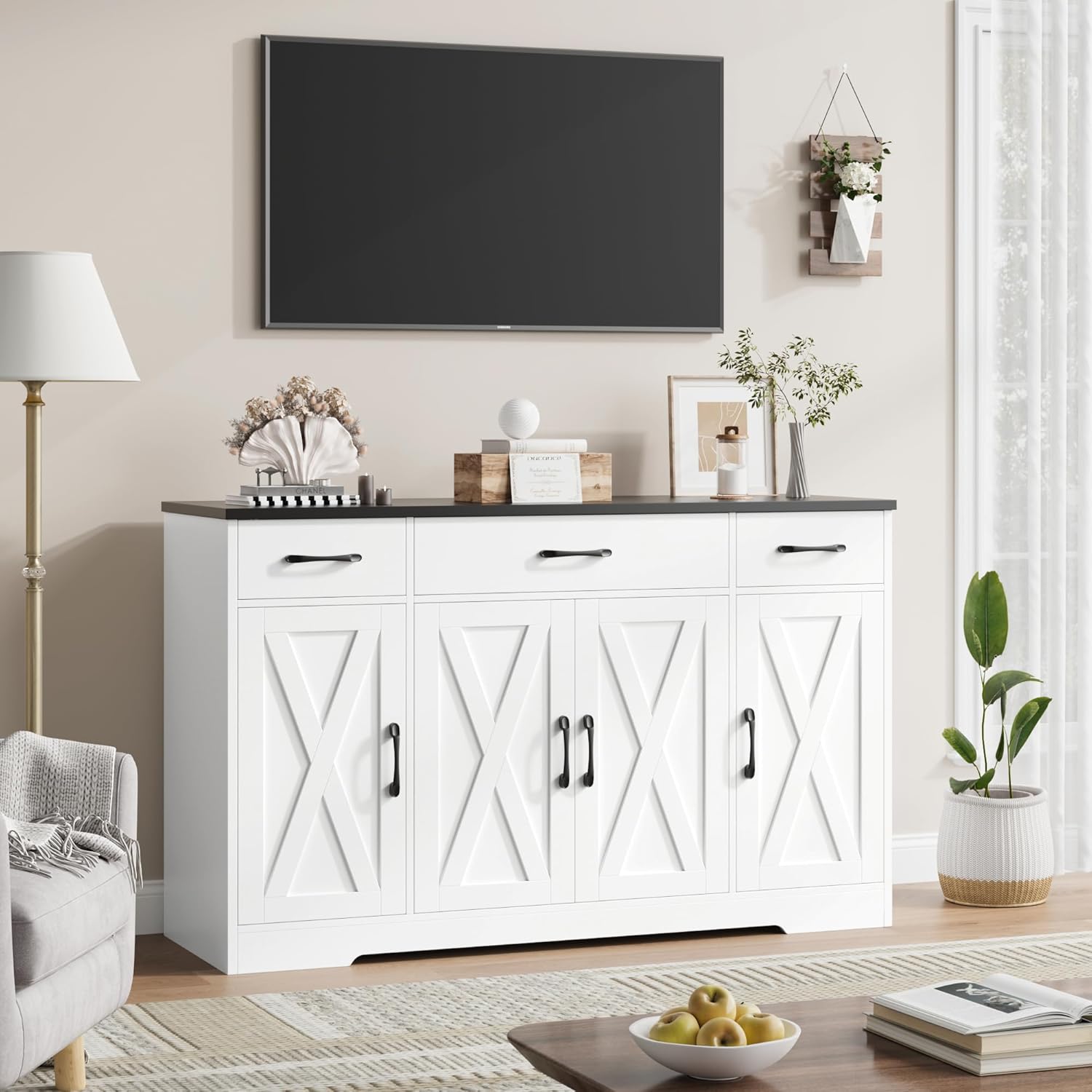 Sideboard with drawers, large 55-inch sideboard, sideboard storage with shelves and doors, modern farmhouse coffee bar wood kitchen dining table wourant