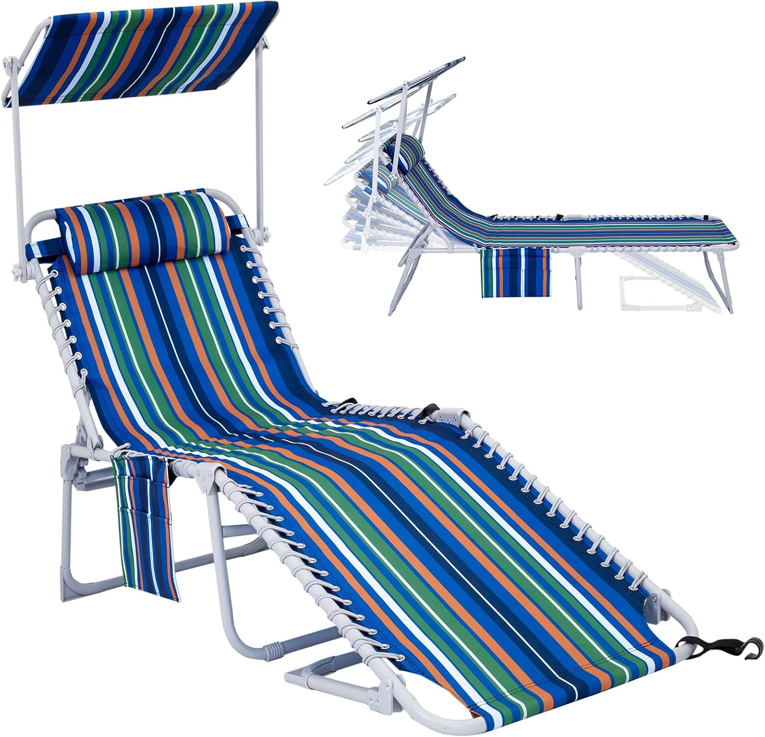 2 Pack Outdoor Chaise Lounge Chair - Portable Folding Patio Pool Lounge Chair, 5 Positions Adjustable Reclining Camping Chair with Side Table,Shoulder Strap, Pillow for Beach Sunbathing Lawn wourant