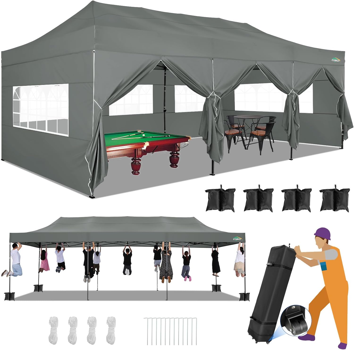 COBIZI 10x20 Heavy Duty Pop up Canopy Tent with 6 sidewalls Easy Up Commercial Outdoor Canopy Wedding Party Tents for Parties All Season Wind & Waterproof Gazebo with Roller Bag,Black(Frame Thickened) wourant
