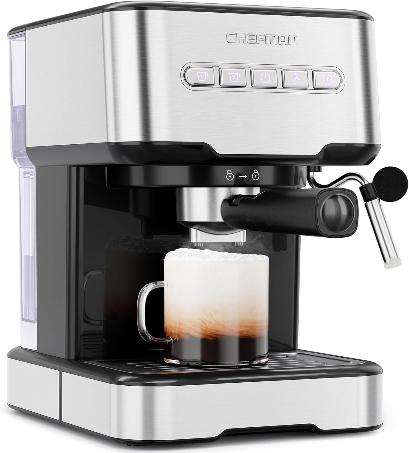Chefman CaféMaster Pro Espresso Machine, Brew Single or Double Shots, Coffee Maker with Built-In Milk Frother for Cappuccino & Latte, XL 1.8 Liter Removable Water Reservoir - Stainless Steel woonhhop